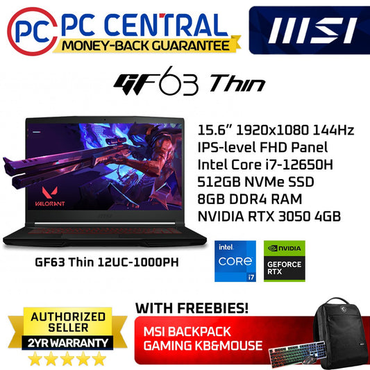 MSI GF63 Thin (GF63 12UC-1000PH) Gaming Laptop | Intel i7-12650H (10 cores) | RTX 3050 4GB | 512GB SSD | 8GB RAM | WIN 11 Home (PC CENTRAL)