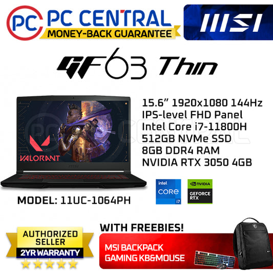MSI GF63 Thin (GF63 11UC-1064PH) Gaming Laptop | Intel i7-11800H (8 cores) | RTX 3050 4GB | 512GB SSD | 8GB RAM | WIN 11 Home (PC CENTRAL)