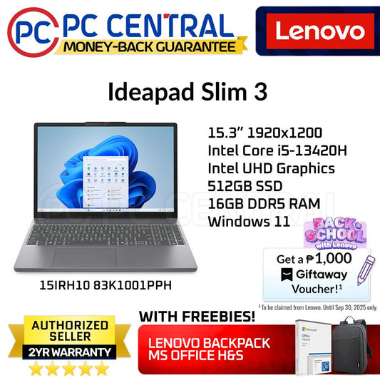 Lenovo Ideapad Slim 3 15IAH8 (83K1001PPH) | Intel Core i5-13420H | 15.6" 1920x1080 | 16GB DDR5 RAM | 512GB NVMe SSD | Win 11 (PC CENTRAL)
