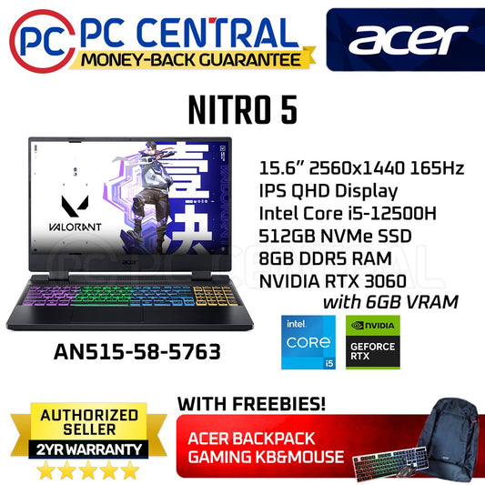 Acer Nitro 5 (AN515-58-5763)  | Intel Core i5-12500H (12 cores) | RTX 3060 6GB | 8GB DDR5 RAM | 512gb SSD (PC Central)