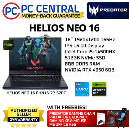 Acer Predator Helios NEO 16 (PHN16-72-52PC) Gaming Laptop | 165Hz 16" IPS Panel | Intel Core i5-14500HX | RTX 4050 6GB | 8GB DDR5 RAM | 512GB SSD (PC Central)