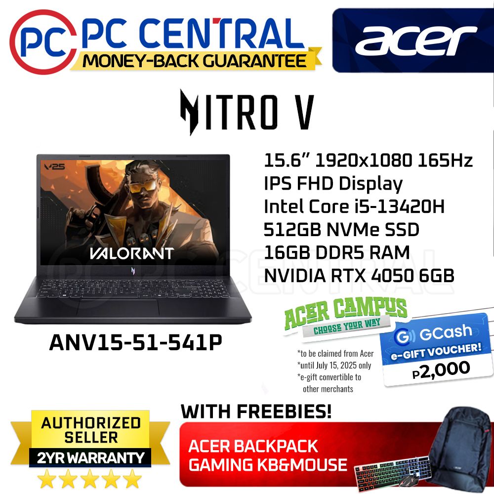 Acer Nitro 15 ANV15-51-541P | 15.6" | Intel Core i5-13420H | 16GB DDR5 RAM | 512GB SSD | RTX 4050 6GB | WINDOWS 11 HOME | PC CENTRAL