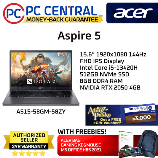 Acer Aspire 5 58ZY (A515-58GM-58ZY) 15.6" | INTEL CORE i5-13420H | 8GB DDR4 RAM | 512GB SSD | NVIDIA RTX 2050 4GB | WINDOWS 11 HOME, FREE MS OFFICE LIFETIME (PC CENTRAL)