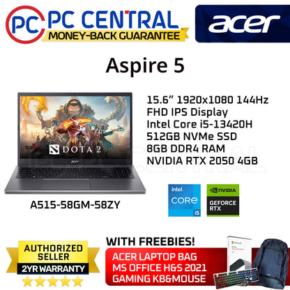 Acer Aspire 5 58ZY (A515-58GM-58ZY) 15.6" | INTEL CORE i5-13420H | 8GB DDR4 RAM | 512GB SSD | NVIDIA RTX 2050 4GB | WINDOWS 11 HOME, FREE MS OFFICE LIFETIME (PC CENTRAL)