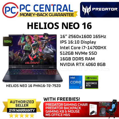 Acer Predator Helios NEO 16 75Z0 (PHN16-72-75Z0) Gaming Laptop | 165Hz 16" IPS Panel | Intel Core i7-14700HX | RTX 4060 8GB | 16GB DDR5 RAM | 512GB SSD (PC Central)