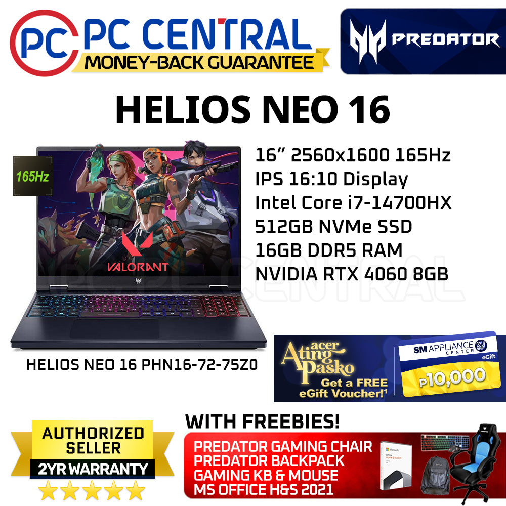 Acer Predator Helios NEO 16 75Z0 (PHN16-72-75Z0) Gaming Laptop | 165Hz 16" IPS Panel | Intel Core i7-14700HX | RTX 4060 8GB | 16GB DDR5 RAM | 512GB SSD (PC Central)