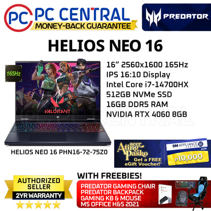 Acer Predator Helios NEO 16 75Z0 (PHN16-72-75Z0) Gaming Laptop | 165Hz 16" IPS Panel | Intel Core i7-14700HX | RTX 4060 8GB | 16GB DDR5 RAM | 512GB SSD (PC Central)