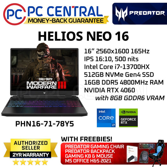 Acer Predator Helios NEO 16 78Y5 (PHN16-71-78Y5) Gaming Laptop | 165Hz WQXGA IPS 16:10 500 NITS | Intel Core i7-13700HX (16 Cores) | RTX 4060 8GB | 16GB DDR5 RAM | 512GB SSD (PC Central)