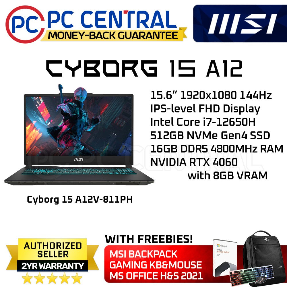 MSI Cyborg 15 (A12V-811PH) Gaming Laptop | Intel i7-12650H (10 cores) | 16 (2x8)GB DDR5 RAM | 512GB SSD | RTX 4060 8GB (PC CENTRAL)