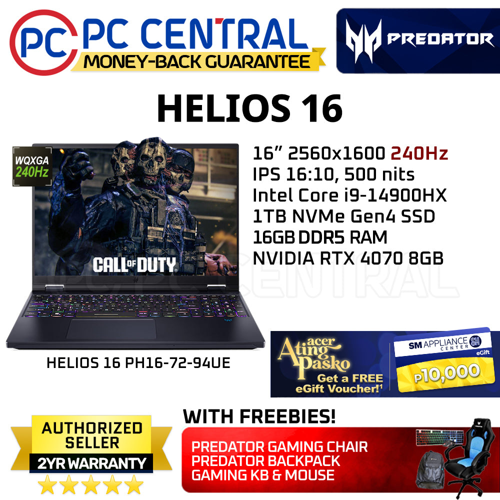 Acer Predator Helios 16 (PH16-72-94UE) Gaming Laptop | 240Hz WQXGA IPS Panel | Intel Core i9-14900HX  | RTX 4070 8GB | 16GB DDR5 RAM | 512GB SSD (PC Central)