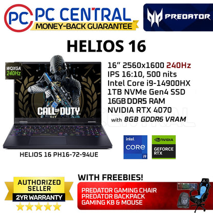 Acer Predator Helios 16 (PH16-72-94UE) Gaming Laptop | 240Hz WQXGA IPS Panel | Intel Core i9-14900HX  | RTX 4070 8GB | 16GB DDR5 RAM | 512GB SSD (PC Central)