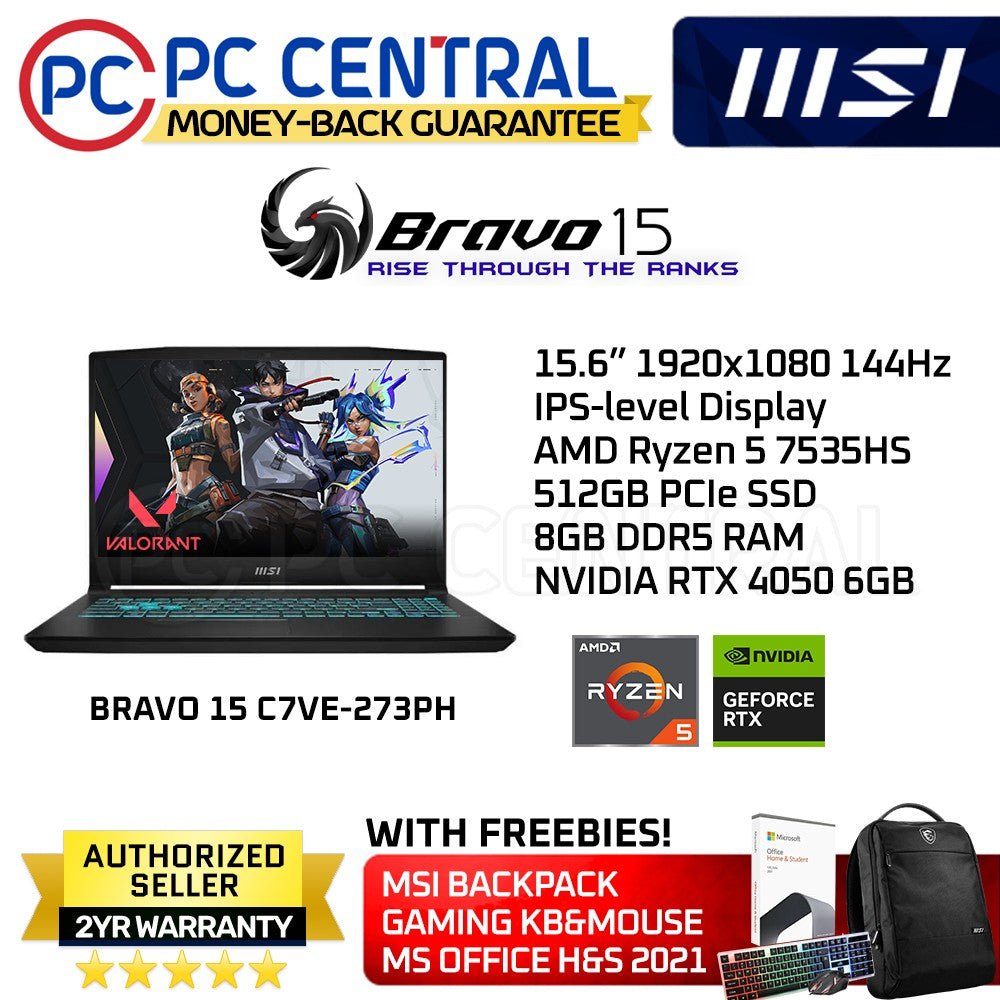 MSI Bravo 15 (C7VE-273PH) Gaming Laptop | Ryzen 5 7535HS | 8GB DRR5 | 512GB SSD | RTX 4050 6GB (PC CENTRAL)