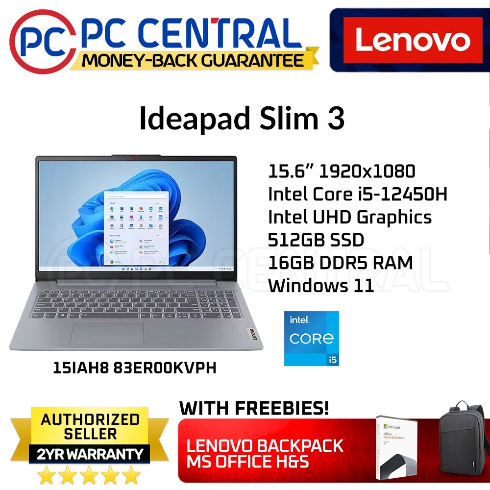 Lenovo Ideapad Slim 3 15IAH8 (83ER00KVPH) | Intel Core i5-12450H | 15.6" 1920x1080 | 16GB DDR5 RAM | 512GB NVMe SSD | Win 11 (PC CENTRAL)