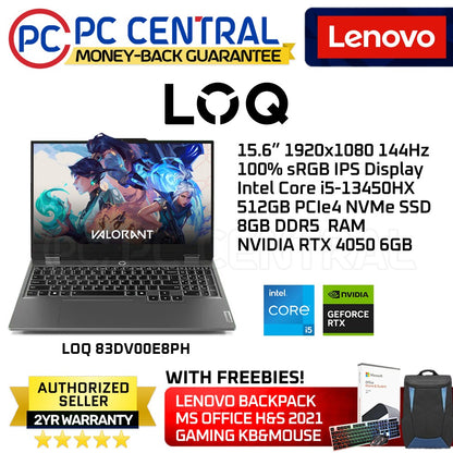 Lenovo LOQ 83DV00E8PH Gaming Laptop | Intel core i5-13450HX | NVIDIA RTX 4050 6GB | 15.6" FHD 144Hz, | 8GB DDR5 RAM | 512GB SSD | WIN 11 (PC CENTRAL)