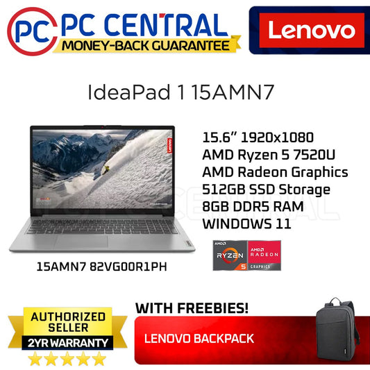 Lenovo IdeaPad 1 15AMN7 (82VG00R1PH) | AMD Ryzen 5 7520U | 15.6" 1920x1080 | 8GB DDR5 RAM | 512GB SSD | WIN11 HOME (PC CENTRAL)