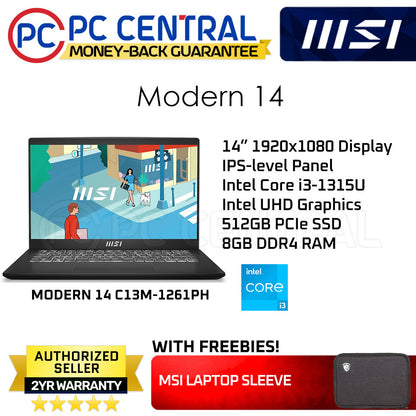 MSI Modern 14 C13M-1261PH |14" | INTEL CORE I3-1315U | 8GB RAM | 512GB | INTEL UHD GRAPHICS | PC CENTRAL