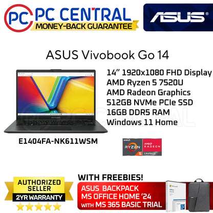 Asus Vivobook GO 14 E1404FA-NK611WSM | 14" FHD | Ryzen 5-7520U | 16GB LPDDR5 | 512GB SSD | WIN 11 HOME | PC CENTRAL