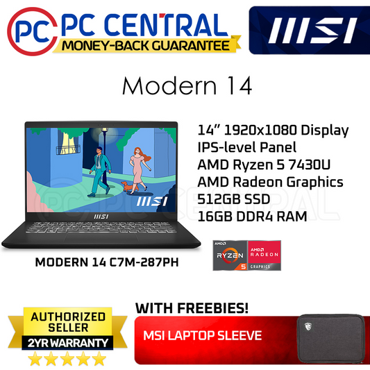 MSI Modern 14 C7M-287PH | 14" | AMD Ryzen 5 7430U | 16GB DDR4 RAM | 512GB SSD | AMD Radeon Graphics | WIN 11 HOME | PC CENTRAL