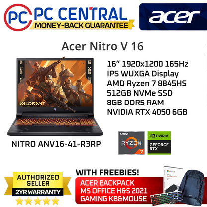 Acer Nitro V ANV16-41-R3RP OPI - 16inch IPS WUXGA 165Hz, Ryzen 7 8845HS | 8GB RAM | 512GB SSD | RTX 4050 6GB | WIN11 | PC CENTRAL