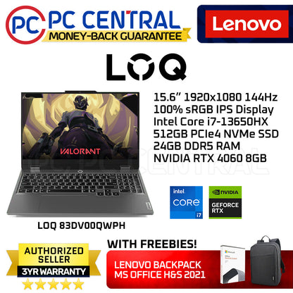 Lenovo LOQ 15IRX9 83DV00QWPH Gaming Laptop |15.6" FHD 144Hz | Intel Core i7-13650HX | 24GB DDR5 RAM | 512GB SSD | NVIDIA RTX 4060 | PC CENTRAL