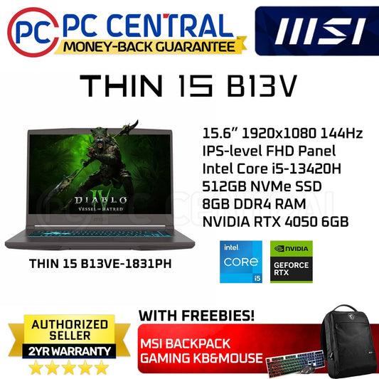 MSI GAMING Thin 15 B13VE-1831PH | 15.6inch FHD IPS 144Hz | Intel Core i5-13420H | 8GB RAM | 512GB SSD | RTX 4050 6GB | WIN11| PC CENTRAL