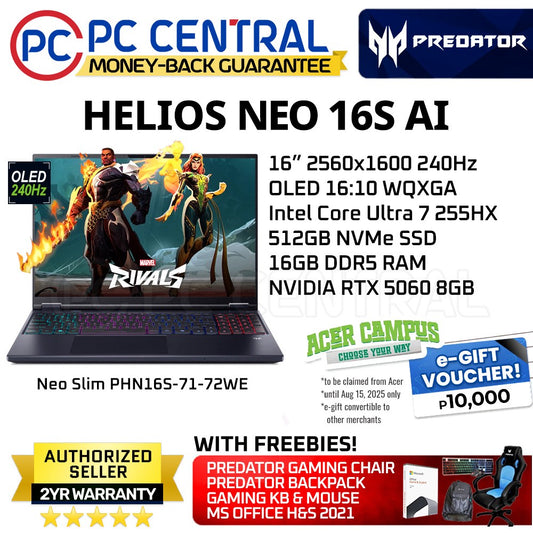 ACER HELIOS NEO SLIM 16S AI PHN16S-71-72WE | 16" 240HZ | Ultra 7 255HX | 512GB SSD /16GB RAM /RTX 5060 8GB | WINDOWSS 11 HOME | PC CENTRAL