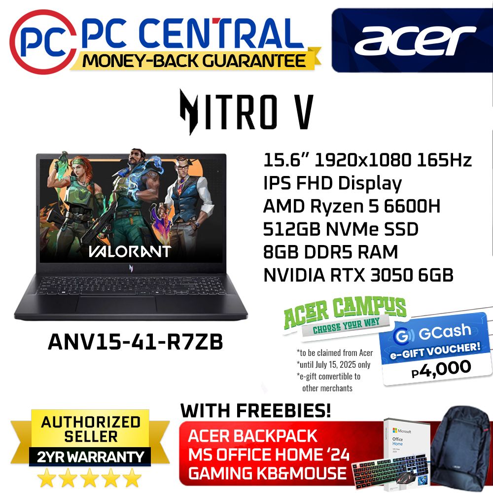 Acer Nitro V ANV15-41-R7ZB | 15.6inch FHD IPS 300nits | Ryzen 5 6600H | 8GB RAM | 512GB SSD | RTX 3050 6GB | WIN11 HOME | PC CENTRAL