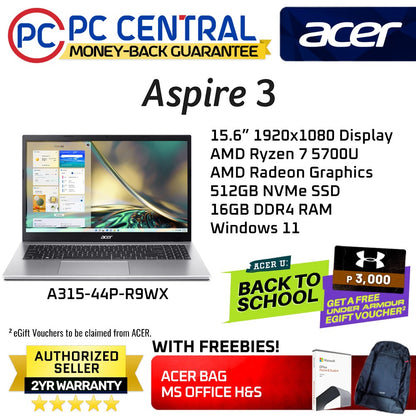 Acer Aspire 3 R9WX (A315-44P-R9WX) 15.6" | AMD Ryzen 7 5700U | 16GB DDR4 RAM | 512GB SSD |  Win11, FREE MS OFFICE LIFETIME (PC CENTRAL)