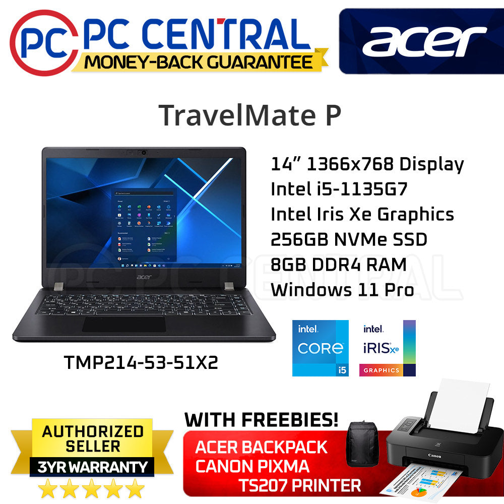 Acer Travel Mate P (TMP214-53-51X2) 14" | Intel Core i5-1135G7 | 8GB DDR4 RAM | 256GB SSD |  Win11 Pro (PC CENTRAL)