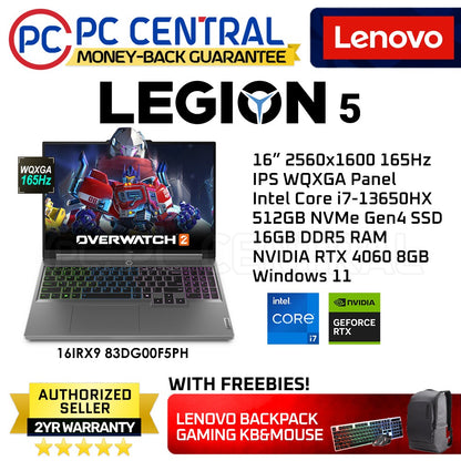 Lenovo Legion 5 16IRX9 83DG00F5PH Gaming Laptop | Intel Core i7-13650HX | NVIDIA RTX 4060 | 16" WQXGA 165Hz, | 16GB DDR5 RAM | 512GB SSD | WIN 11 HOME (PC CENTRAL)