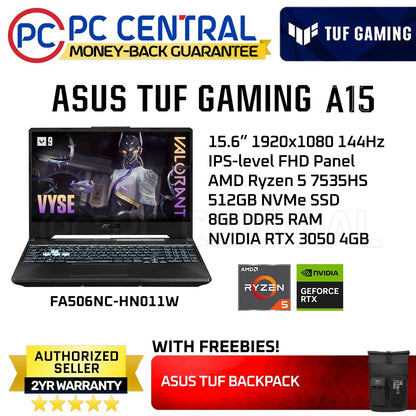 ASUS TUF A15 Gaming Laptop (FA506NC-HN011W) 15.6" Eclipse Gray AMD Ryzen 5 7535HS | 8GB DDR5  | 512GB SSD | Nvidia RTX 3050 4GB (PC CENTRAL)