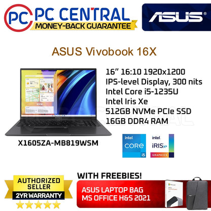 ASUS VIVOBOOK 16X (X1605ZA-MB819WSM) 16" 1920x1200 IPS| Intel Core i5-1235U | Intel Iris Xe | 16GB DDR4 RAM | 512GB SSD (PC CENTRAL)